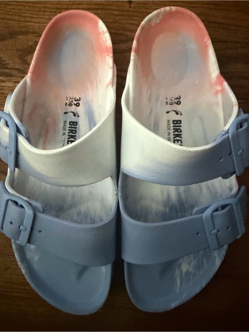 Birkenstock Arizona PVA coral peach Slides in Light Blue & Pink size 39